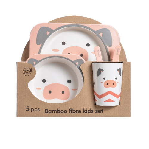 5Pcs/Set Bamboo Kids Dinnerware Set - Children Dishes - BPA Free Food Plate Bowl Cup Spoon Fork Set Dishware, Cartoon Tableware - Pink Pig