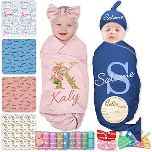 Personalized Swaddle Blanket Baby Girl Boy Custom Name Receiving Blankets with Bow Headband and Hat Set Customized Newborn Shower Items Gifts