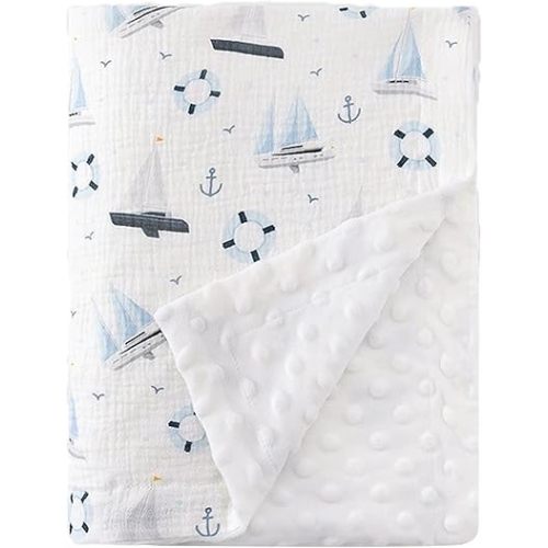 Sailboat Minky Baby Blanket for Boys Girls, 29.5'' x 39.3'' Soft Nursery Receiving Blankets with Muslin Cotton Front and Dotted Fleece Backing for Newborn Toddler Crib Stroller Car Seat