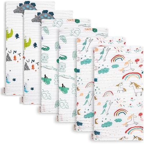 Maliton Muslin Burp Cloths for Baby Girl 6 Pack Large 20''x10'' 100% Cotton Burp Rags Absorbent and Soft 6 Layers Muslin Cloth Baby Boy Newborn Essentials Must Haves (Rainbow & Animals)