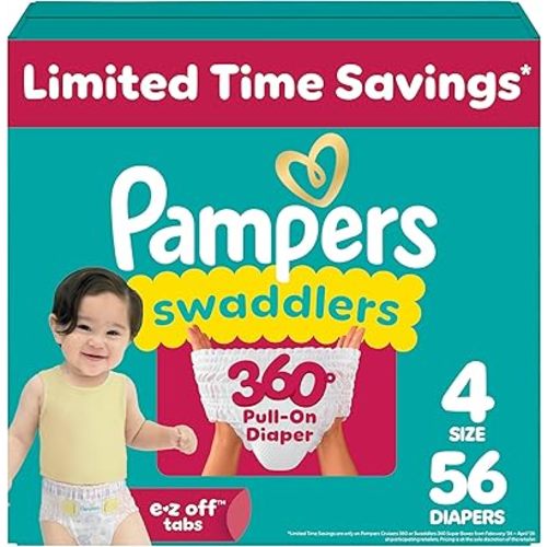 Pampers Diapers - Swaddlers 360° - Size 4, 56 Count, up to 100% Leakproof Comfy Dry Fit, Designed for Easy Changes, Pull On Baby Diaper (Packaging May Vary)
