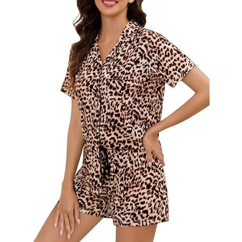 SWOMOG Womens Button Down Pajamas Set Short Sleeve Sleepwear Bride Soft Pj Lounge Sets XS-3XL