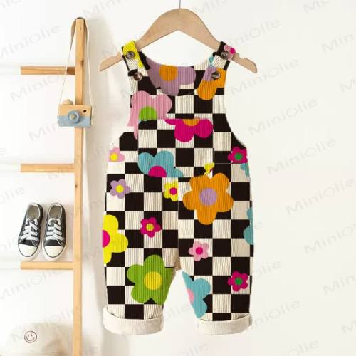 Baby Toddler Checkerboard Colorful Flowers Corduroy Overalls