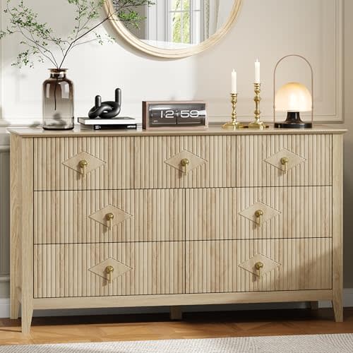 GarveeHome Fluted Dresser for Bedroom, 54 Inch Wide 7-Drawer Wood Dresser, Modern Chest of Drawers, Storage Organizer Cabinet for Living Room, Hallway, Entryway, Natural