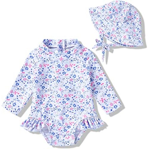Infant Baby Girl Swimsuit One-Piece Long Sleeve Rash Guard with Hat Set Floral Zipper Bathing Suit, size 6-12m