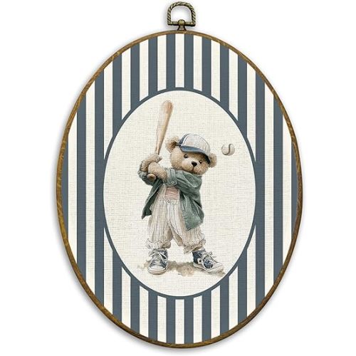 CUANFDDSF Vintage Baseball Bear Nursery Oval Wall Art Decor, Sports Wall Hanging Decor, Blue Striped Basketball Player Bear Framed Canvas Prints for Kids Boy Nursery Room Playroom, 8.6x11.4 Inch