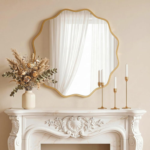 Red Barrel Studio® Gold Scalloped Mirror, 30'' Round Wall Mirrors Wavy Wood Framed with Tempered Glass for Bathroom Nursery Bedroom Living Room Entryway, Decorative Modern Wall Decor | Wayfair
