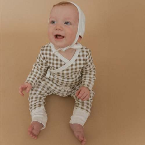 Organic Kimono Onesie & Pants Set, Olive Gingham - Makemake Organics | Maisonette