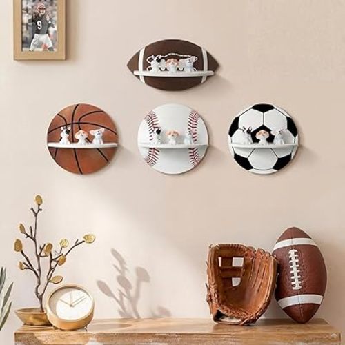 Yinkin 4 Pcs Sports Theme Floating Shelf 6 Inch Baseball Football Basketball Soccer Hanging Display for Wall Decor Wooden Shelf for Bedroom, Living Room, Bathroom, Kitchen