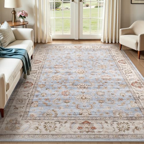 WITSHOCK 5x7 Area Rugs for Living Room: Machine Washable Non Slip Vintage Carpet - Low Pile Lightweight Print Rug for Bedroom Dining Room - Stain Resistant for Household - Pet-Friendly (Sky Blue)