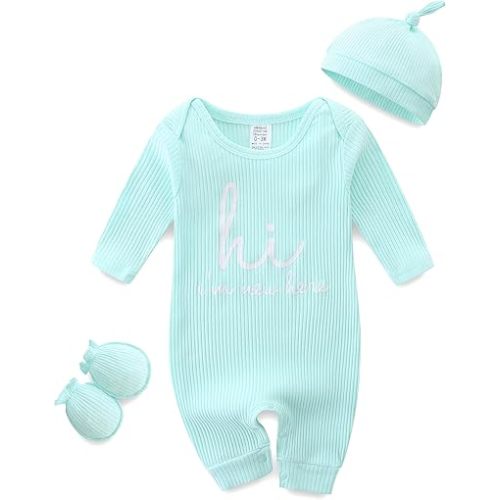Baby Romper with Baby Mittens & Newborn Hats Footless Long Sleeve Solid Onesie Hi Im New Here