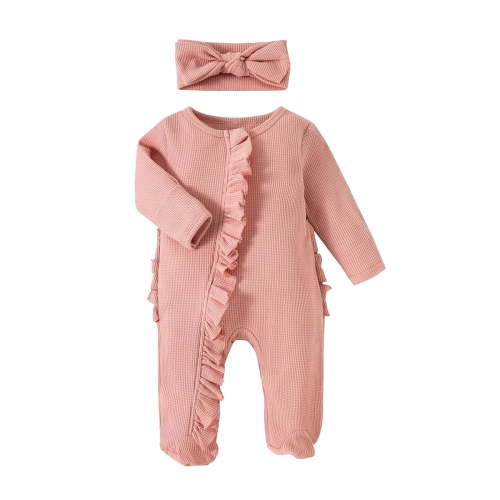 Bellafa Newborn Fall Winter Clothes Baby Girl Long Sleeve Romper Zipper Onesie Footies Jumpsuit + Headband 2Pcs Coming Home Outfit