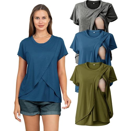 Rnxrbb 3 Pack Women's Nursing Tops for Breastfeeding Summer Short Sleeve T Shirts Postpartum Double Layer Clothes