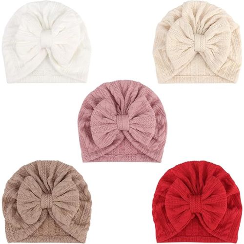 DRESHOW BQUBO 5 Pieces Newborn Baby Turban Hats Bow Baby Infant Beanie Breathable Toddler Cap for Baby Girls