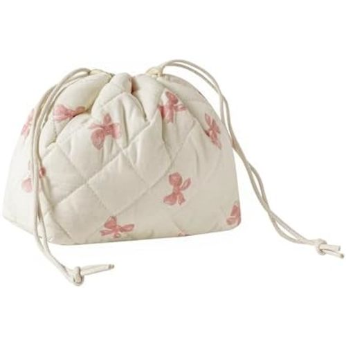 uekeboag Cotton Quilted Drawstring Makeup Bag with Canvas Lining,Coquette Aesthetic Cute Travel Toiletry Bag,Drawstring Gift Bag for Women and Girls(09Little Pink Bow)