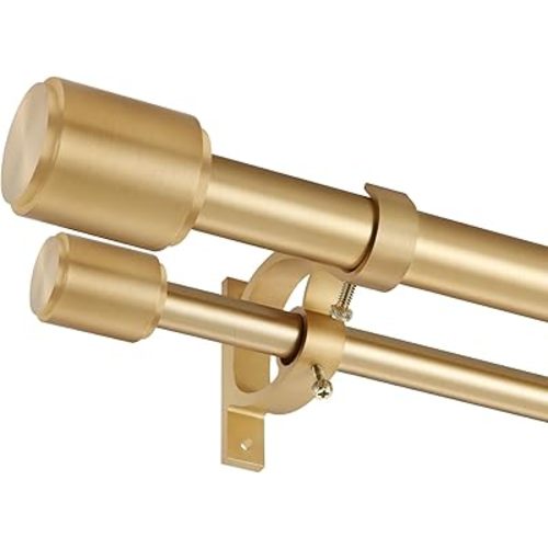 Warm Gold Double Curtain Rods 72-144 Inches, Decorative with Cap Finials, 1 Inch Front, 5/8 Inch Back