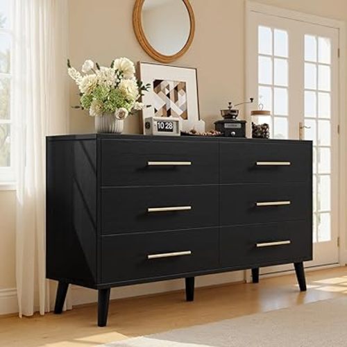 Ahomly 6 Drawer Dresser for Bedroom，Modern Dresser with Anti-Tip Kit, Ample Storage & Silent Gliding Slides, Wooden Chest of Drawers for Living Room, Entryway, Nursery, Black