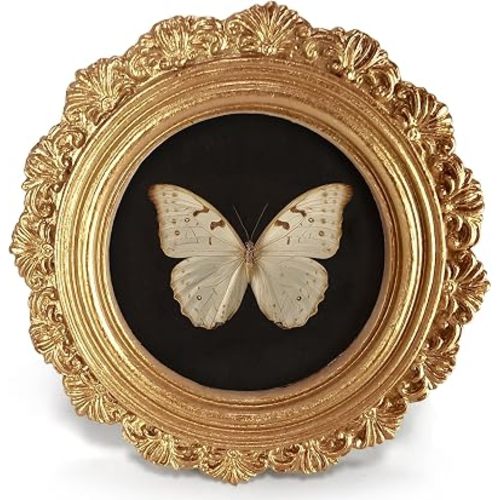 Small Vintage White Butterfly Round Picture Frame Wall Decor, Dark Insect Gold Mini Ornate Photo Frame for TableTop Desk 2.7in Photo, Gothic Framed Artwork for Walls Office Bedroom Shelf