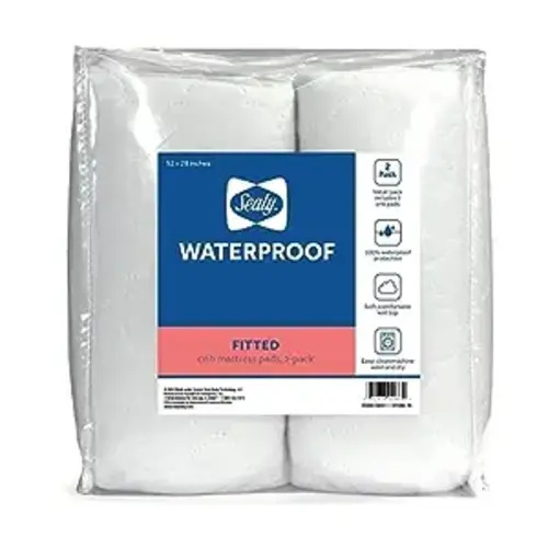 Sealy 2-PACK Waterproof Fitted Toddler Bed and Baby Crib Mattress Pad Cover Protector, Noiseless, Machine Washable and Dryer Friendly, 52" x 28" - White