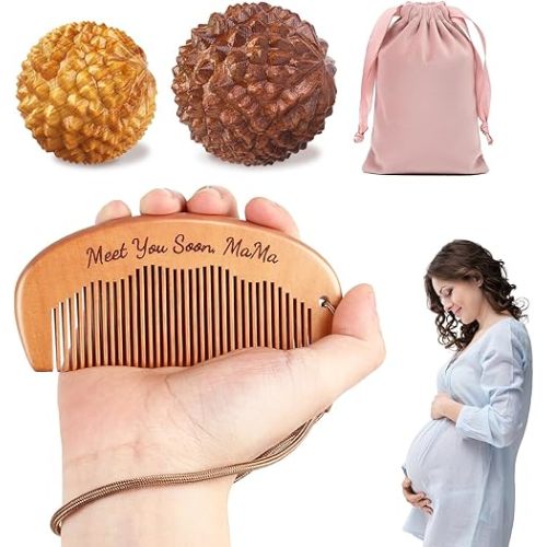 Gwabee Labor and Massage Ball for Labor Pain, Wooden Birthing Comb with 2 PCS Acupressure Balls Set for Moms Pain Relief, Pregnancy Hospital Bag Essentials for Pregnant Women