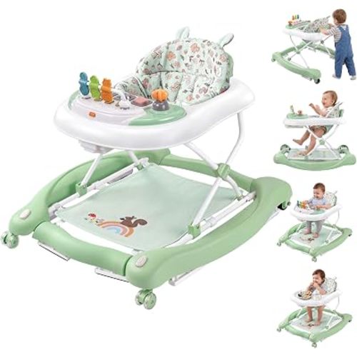 5 in 1 Foldable Baby Walker with Wheels, Music and Lights Bouncer Combo, Rocker, Activity Center for Baby Boys Girls, Adjustable Speed and Height for 6-18 Months (Green)