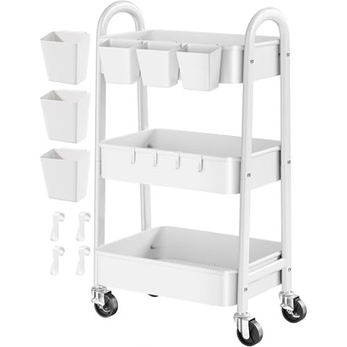 3 Tier Rolling Cart Metal with Wheels, Heavy Duty White Three Tiered Craft Cart Organizer on Wheels, Utility Roller Storage Carts for Art, Baby Nursery, Diaper Caddy, Snack,Book,Nail,Cleaning Supplies