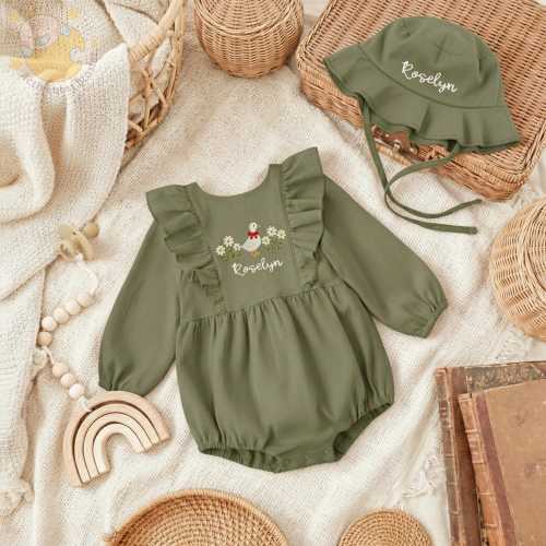 Embroidered Silly Goose Ruffled Linen Romper, Custom Baby Name Romper and Hat, Baby Girl Shower Gift, Newborn Apparel, Coming Home Outfit