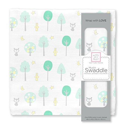 SwaddleDesigns Cotton Muslin Swaddle Blanket, Receiving Blanket for Boys & Girls, Best Shower Gift, 46x46 inches, Green Woodland