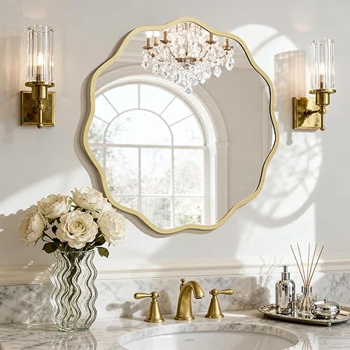 WallBeyond Round Wavy Mirror for Wall Decorative 24 inch, Modern Round Mirror Aluminum Frame for Bathroom Bedroom Living Room Home House Office Entryway, Gold