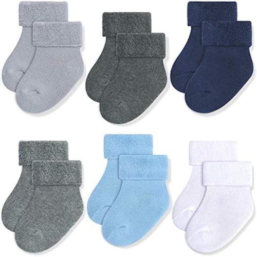 JAKIDAR 6 Pairs Baby Socks for Infant Newborn Thick Warm Socks Cotton Sock Shoes, White Blue Gray 3-12M