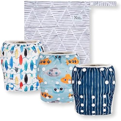 Nora's Nursery Reusable Swim Diapers and Wet Bag - One Size Fully Adjustable - Seaside Unisex 3 Pack with Wet Bag