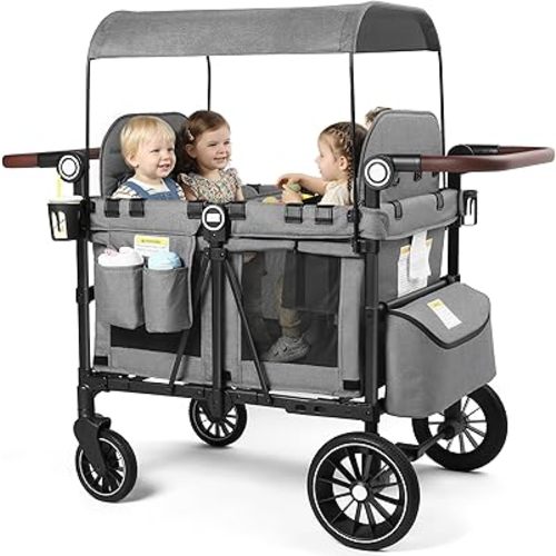 Kinder King Wagon Stroller for 4 Kids, All-Terrain Foldable Outdoor Stroller Wagon 4 Seater, Removable Canopy, Adjustable Handle, Shock-Absorbing Wheel, Detachable Tray, Large Storage, Grey