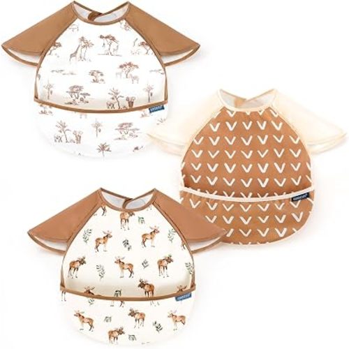 GRSSDER 3-pack Mess Proof Baby Feeding Bibs with Food Catcher Pocket, Soft Lightweight Waterproof Fabric Material with Zero Plastic-like Feel, Adjustable and Easy Clean Toddler Bibs for 6-36 Months