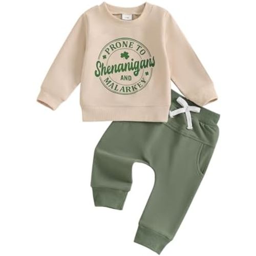 St Patricks Day Baby Boy Outfit Clover Letters Print Sweatshirt Elastic Waist Pants Set Toddler 2Pcs Spring Clothes