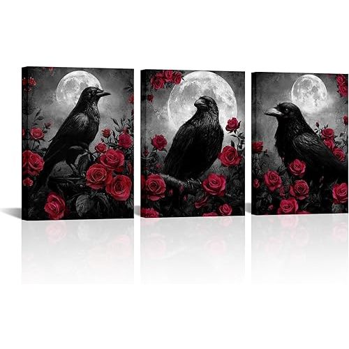 LevvArts Crow Canvas Wall Art Gothic Crow with Rose Painting Spooky Pictures Bathroom Bedroom Wall Decor (Red)