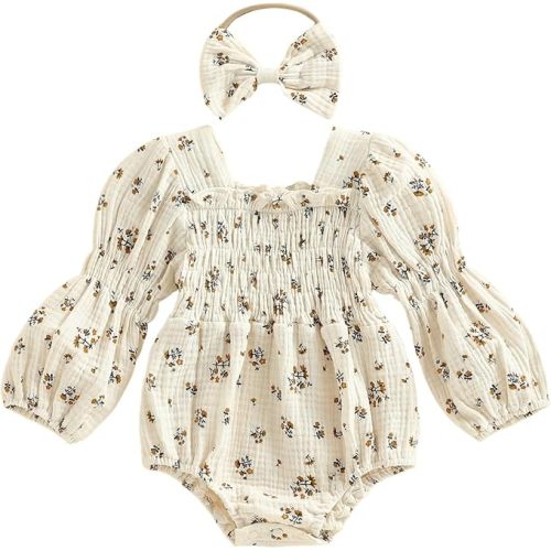 Smocked Baby Girl Clothes Newborn Girl Bubble Romper Long Sleeve Jumpsuit And Headband Outfit Cute Infant Clothing