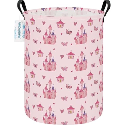 Round Laundry Basket Collapsible Storage Hamper Pink Castle