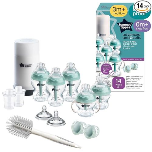 Tommee Tippee Advanced Anti-Colic 14 Piece Baby Bottle, Travel Bottle Warmer & Pacifier Set, 5 BPA Free Bottles, 0+ Months, 2 Newborn Pacifiers, 2 Extra Nipples, Cleaning Brush, Bottle Handles