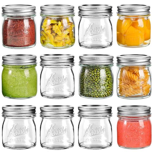 Mason Jars, 8 OZ, 12 Pack with Lids and Bands, Glass Canning Jars for Canning, Pickling, Preserving, Jam, Honey, Wedding Favors, Shower Favors (12 Pack) (Regular Mouth)
