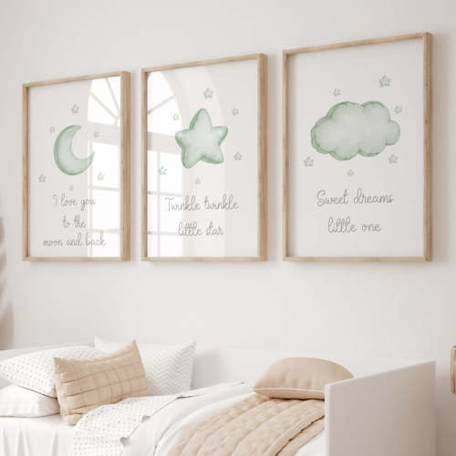Star, Cloud, Moon Nursery Prints - Sage Green - Gray - Set of 3 – Neutral Nursery Decor