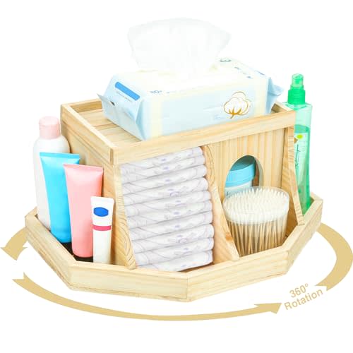 Busidhji Diaper Caddy Organizer, Wooden Changing Table Organizer for Nursery, 360 Degrees Rotating Baby Diaper Storage Organizer with Removable Dividers (Brown, Round Size)