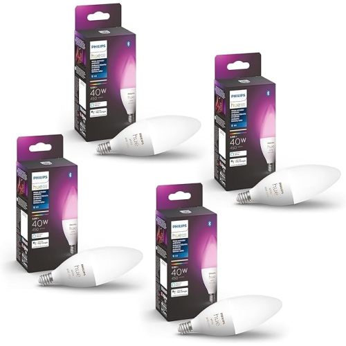 Philips Hue Smart 40W B39 Candle-Shaped LED Bulb - White and Color Ambiance Color-Changing Light - 4 Pack - 450LM - E12 - Control with Hue App - Works with Alexa, Google Assistant and Apple Homekit