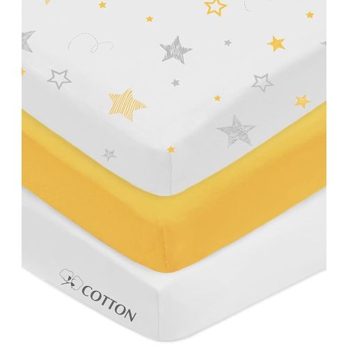 American Baby Company 3 Pack 100% Natural Cotton Fitted Mini Crib Sheets 38"x24"-Soft & Breathable Small Nesting Portable Sheets,Fits Pack N Play Mattress,Gold/Gold Stars/White,for Boy & Girl