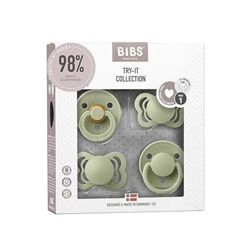 BIBS Try-It Collection | 4-Pack Soothers | BPA-Free Round, Anatomical & Symmetrical Nipple | Natural Rubber Latex/Silicone | Made in Denmark | 0-6 Months | Sage