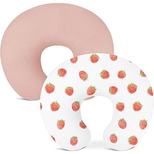 Nursing Pillow Covers 2 Pack, Muslin Nursing Cover for Breastfeeding Pillows, Comfortable for Baby Girls and Boys (Strawberry & Pale Pink)