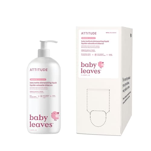 Bundle of ATTITUDE Baby Dish Soap, Plant-Based Dish Liquid, Extra Gentle on Sensitive Skin, Tough on Milk Residue & Grease on Bottles, Fragrance Free, 33.8 Fl Oz + Bulk Refill 67.6 Fl Oz