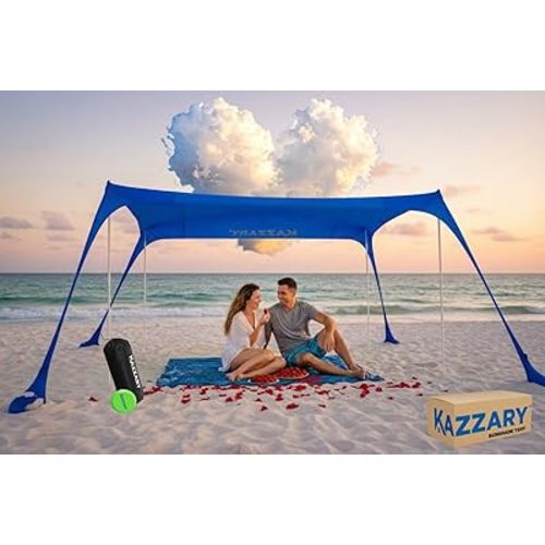 Beach Tent UPF50+ Sun Shade Canopy with Sandbags, 4 Stability Poles, Ground Pegs, Flying Disc Sand Shovel, Lightweight Sunshade Shelter, 7ft Tall for Outdoor Trips, Camping and Sports