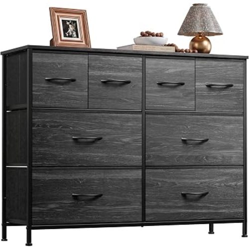 WLIVE Wide Dresser for Bedroom, 8 Drawer Chest of Drawers, Black Wood Grain