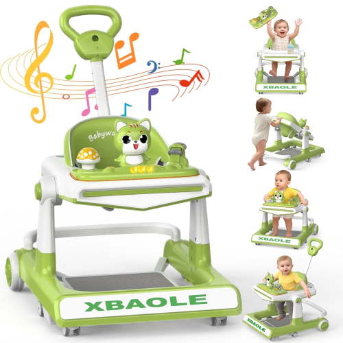 WonderStone Baby Walker, Adjustable Seat and Height, Music & Light, Cat Walkers and Activity Center for Boys and Girls 6-24Months (Green)