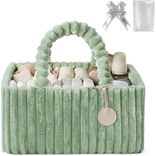 Blissful Diary Flannel Diaper Caddy Organizer, included Gift Packaging, Cozy Nursery Storage Basket, Gift for Baby Shower, Newborn Essentials, Sage Green
